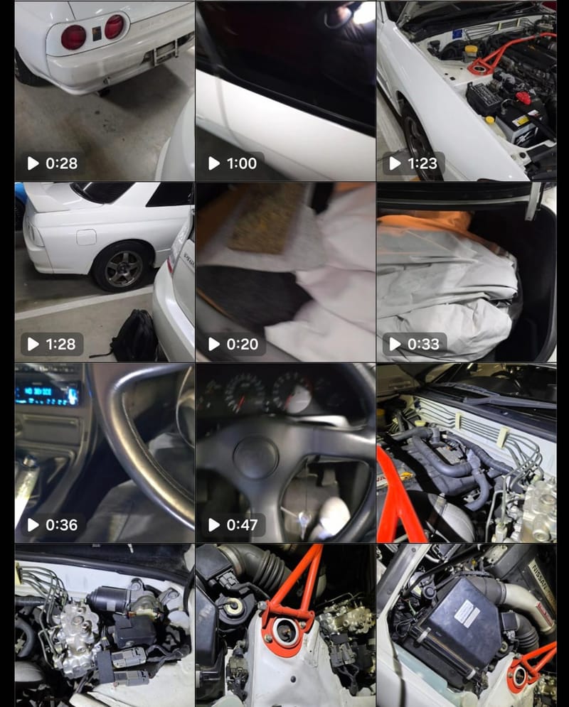 Actual inspection gallery delivered for an R32 GT-R — eight timed videos, strut towers, engine bay, gauges