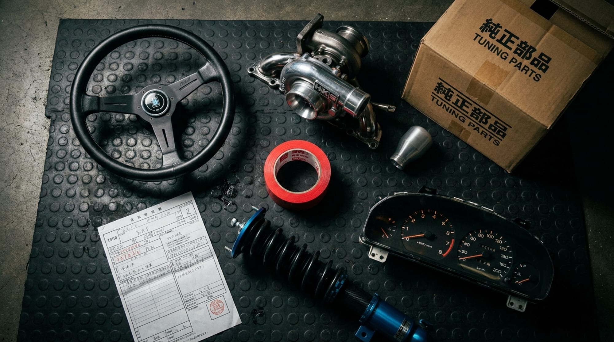 Ricambi JDM su un tappeto da officina — volante, turbo, assetto e quadro strumenti pronti alla spedizione
